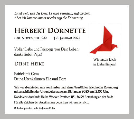 Todesanzeige von Herbert Dornette von HNA