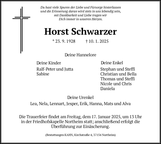 Todesanzeige von Horst Schwarzer von HNA