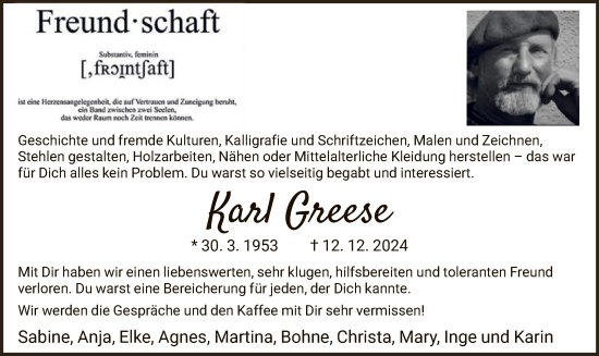 Todesanzeige von Karl Greese von HNA