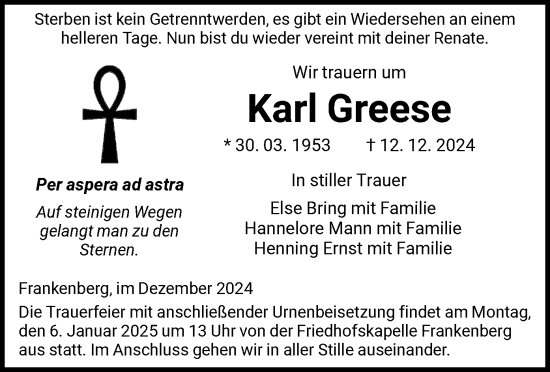 Todesanzeige von Karl Greese von HNA