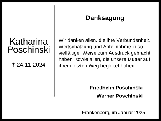 Todesanzeige von Katharina Poschinski von HNA