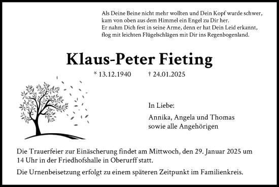 Todesanzeige von Klaus-Peter Fieting von HNA