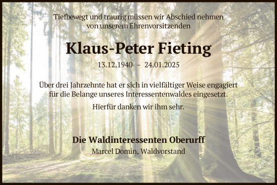 Todesanzeige von Klaus-Peter Fieting von HNA