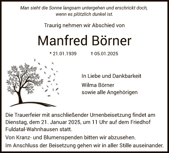 Todesanzeige von Manfred Börner von HNA