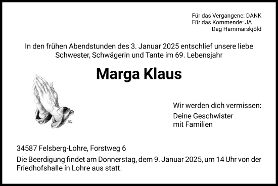 Todesanzeige von Marga Klaus von HNAHNA