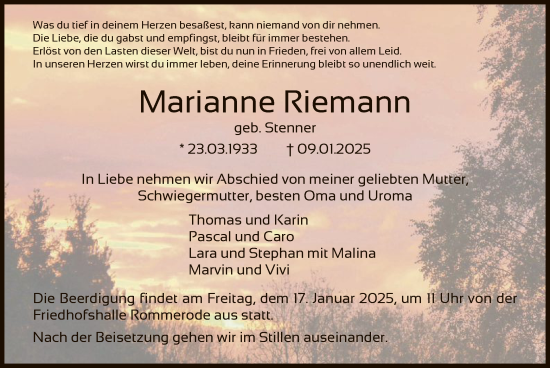 Todesanzeige von Marianne Riemann von HNA