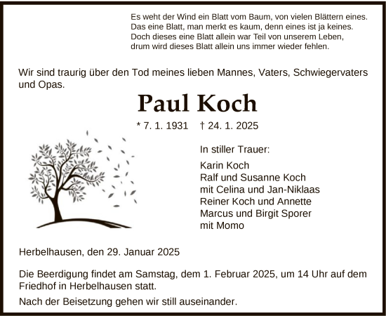 Todesanzeige von Paul Koch von HNA