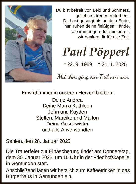 Todesanzeige von Paul Pöpperl von HNA