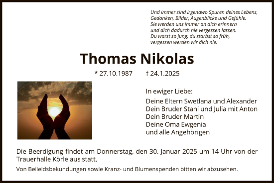 Todesanzeige von Thomas Nikolas von HNA