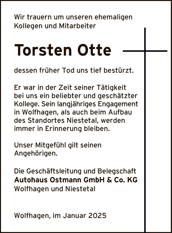 Todesanzeige von Torsten Otte von HNA