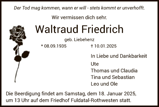 Todesanzeige von Waltraud Friedrich von HNA