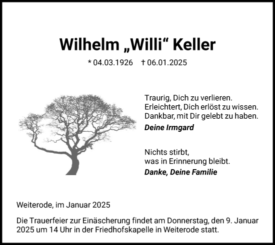 Todesanzeige von Wilhelm Keller von HNA