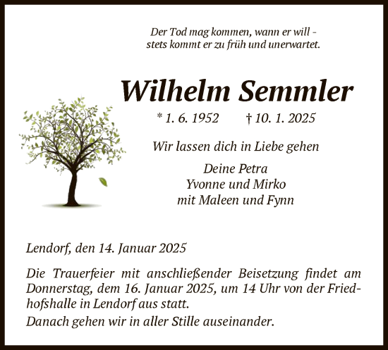 Todesanzeige von Wilhelm Semmler von HNA