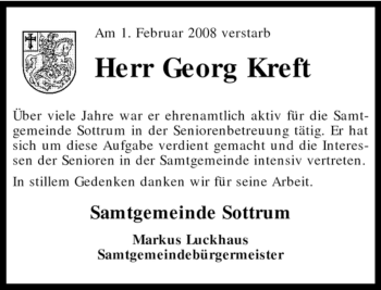 Todesanzeige von Georg Kreft von KREISZEITUNG SYKE