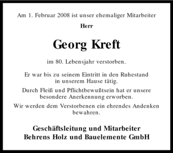 Todesanzeige von Georg Kreft von KREISZEITUNG SYKE