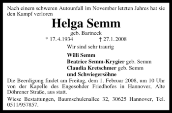 Todesanzeige von Helga Semm von KREISZEITUNG SYKE