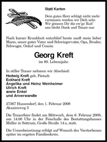 Todesanzeige von Georg Kreft von KREISZEITUNG SYKE