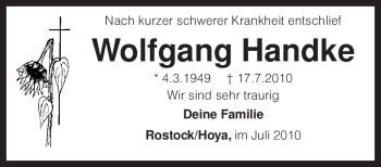 Todesanzeige von Wolfgang Handke von KREISZEITUNG SYKE