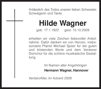 Todesanzeige von Hilde Wagner von KREISZEITUNG SYKE