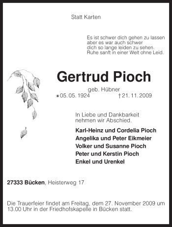 Todesanzeige von Gertrud Pioch von KREISZEITUNG SYKE