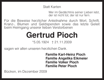 Todesanzeige von Gertrud Pioch von KREISZEITUNG SYKE