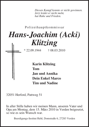 Todesanzeige von Hans-Joachim Klitzing von KREISZEITUNG SYKE