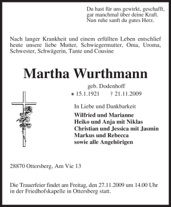 Todesanzeige von Martha Wurthmann von KREISZEITUNG SYKE