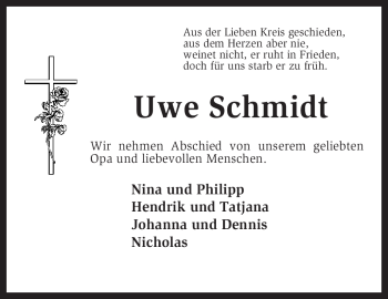 Todesanzeige von Uwe Schmidt von KREISZEITUNG SYKE