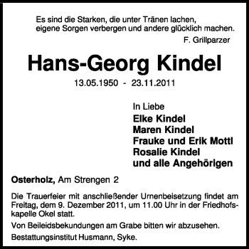 Todesanzeige von Hans-Georg Kindel von KREISZEITUNG SYKE