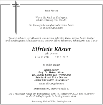 Todesanzeige von Elfriede Köster von KRZ