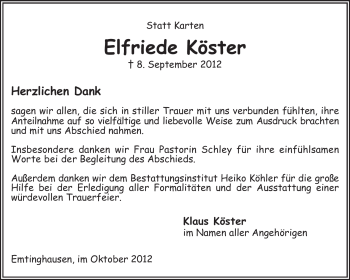 Todesanzeige von Elfriede Köster von KRZ