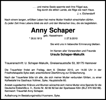 Todesanzeige von Anny Scharper von KREISZEITUNG SYKE