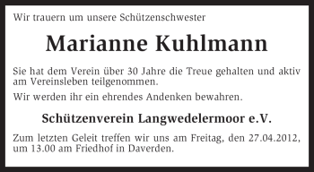 Todesanzeige von Marianne Kuhlmann von KREISZEITUNG SYKE