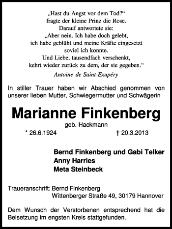 Todesanzeige von Marianne Finkenberg von KRZ