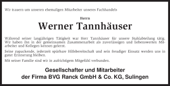 Todesanzeige von Werner Tannhäuser von KRZ