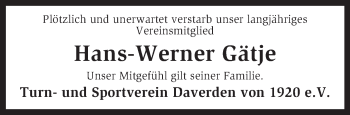 Todesanzeige von Hans-Werner Gätje von KRZ