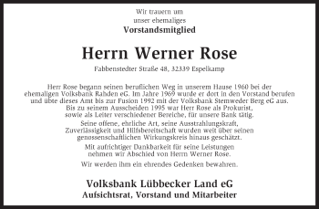 Todesanzeige von Werner Rose von KRZ