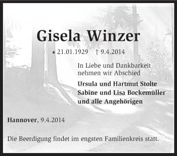 Todesanzeige von Gisela Winzer von KRZ