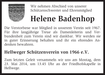 Todesanzeige von Helene Badenhop von KRZ