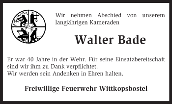 Todesanzeige von Walter Bade von KRZ