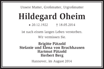 Todesanzeige von Hildegard Oheim von KRZ