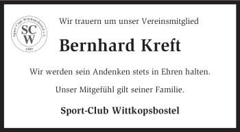 Todesanzeige von Bernhard Kreft von KRZ