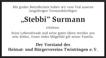 Todesanzeige von Stebbi Surmann von KRZ