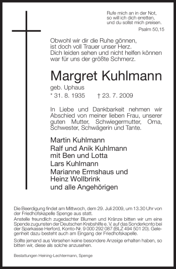 Todesanzeige von Margret Kuhlmann 