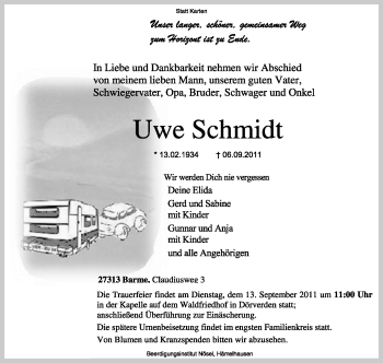 Todesanzeige von Uwe Schmidt von KREISZEITUNG SYKE