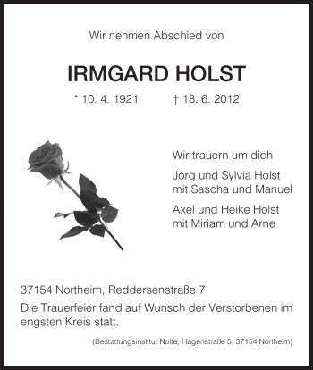 Todesanzeige von Irmgard Holst von KREISZEITUNG SYKE