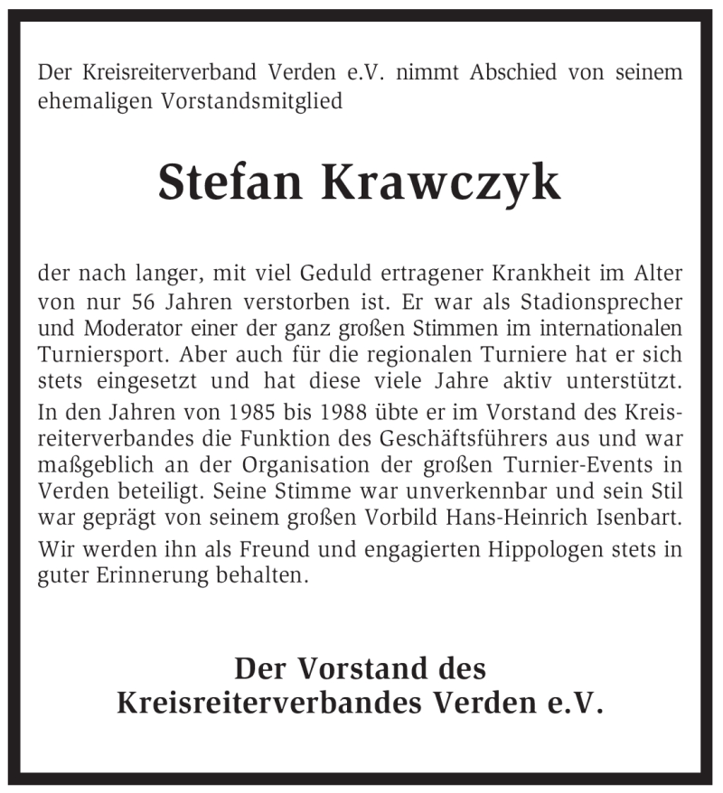  Traueranzeige für Stefan Krawczyk vom 16.06.2012 aus KREISZEITUNG SYKE