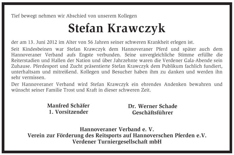  Traueranzeige für Stefan Krawczyk vom 16.06.2012 aus KREISZEITUNG SYKE