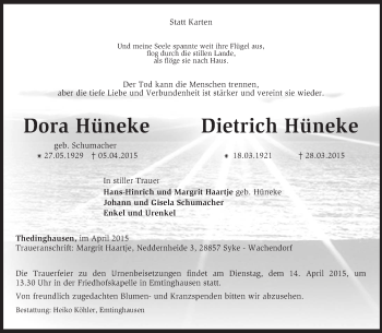 Todesanzeige von Dora und Dietrich Hüneke von KRZ