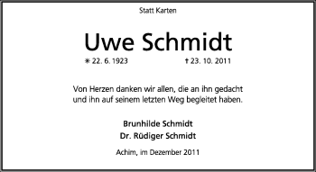 Todesanzeige von Uwe Schmidt von KREISZEITUNG SYKE